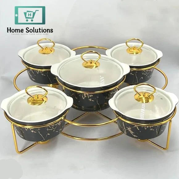 5-Piece Round Ceramic Chafing Dish Set – Marble Finish Warmers