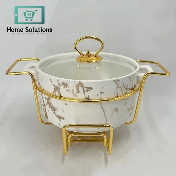 9-Inch Round Ceramic Chafing Dish Set – Marble Finish Buffet Warmer