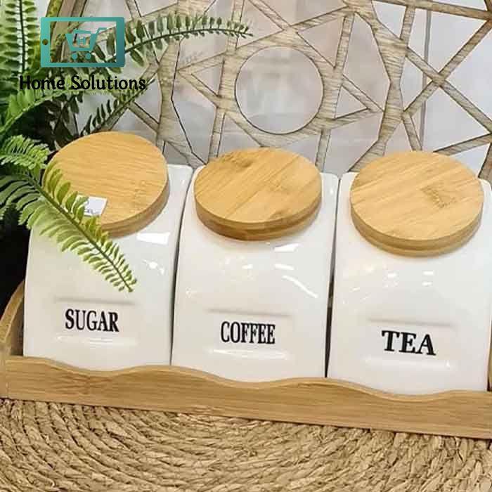 3-Piece Porcelain Modern Design Airtight Jar Set with Real Bamboo Wood Stand