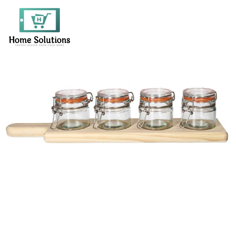 Danny Home 5-Piece Glass Spice Jar Set with Wooden Tray – Airtight Storage for Kitchen Use