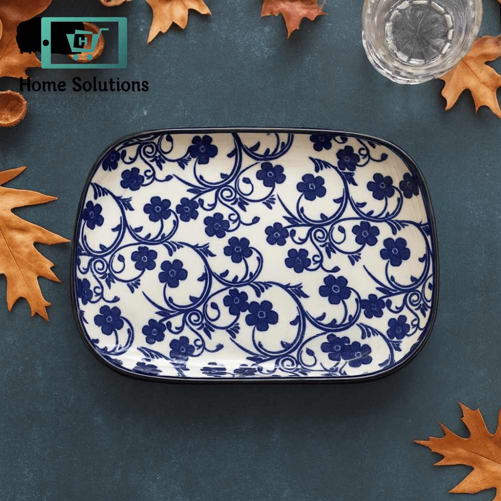 Danny Home Rectangular Ceramic Serving Plate – Elegant Blue Floral Pattern for Stylish Serving