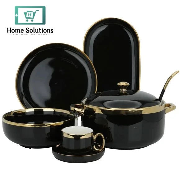 Black Round Porcelain Dinner Set 51-Piece – Wide Golden Rim Design for 6 Persons
