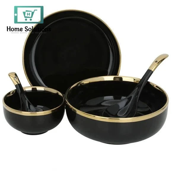 Black Round Porcelain Dinner Set 51-Piece – Wide Golden Rim Design for 6 Persons