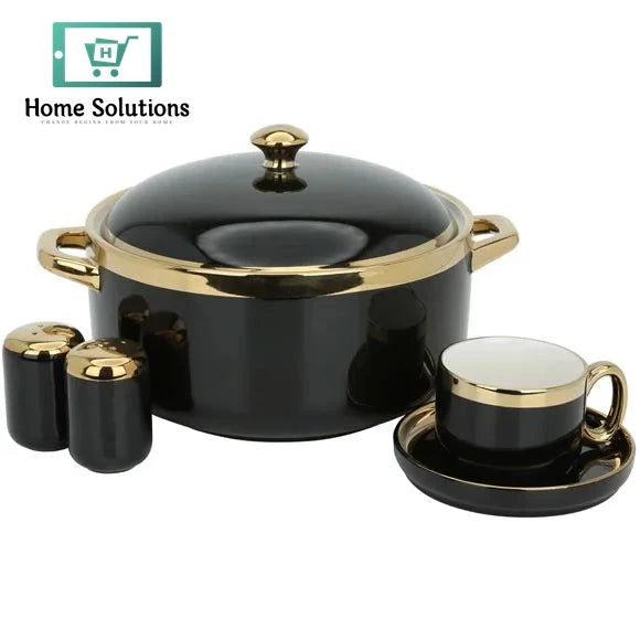 Black Round Porcelain Dinner Set 51-Piece – Wide Golden Rim Design for 6 Persons