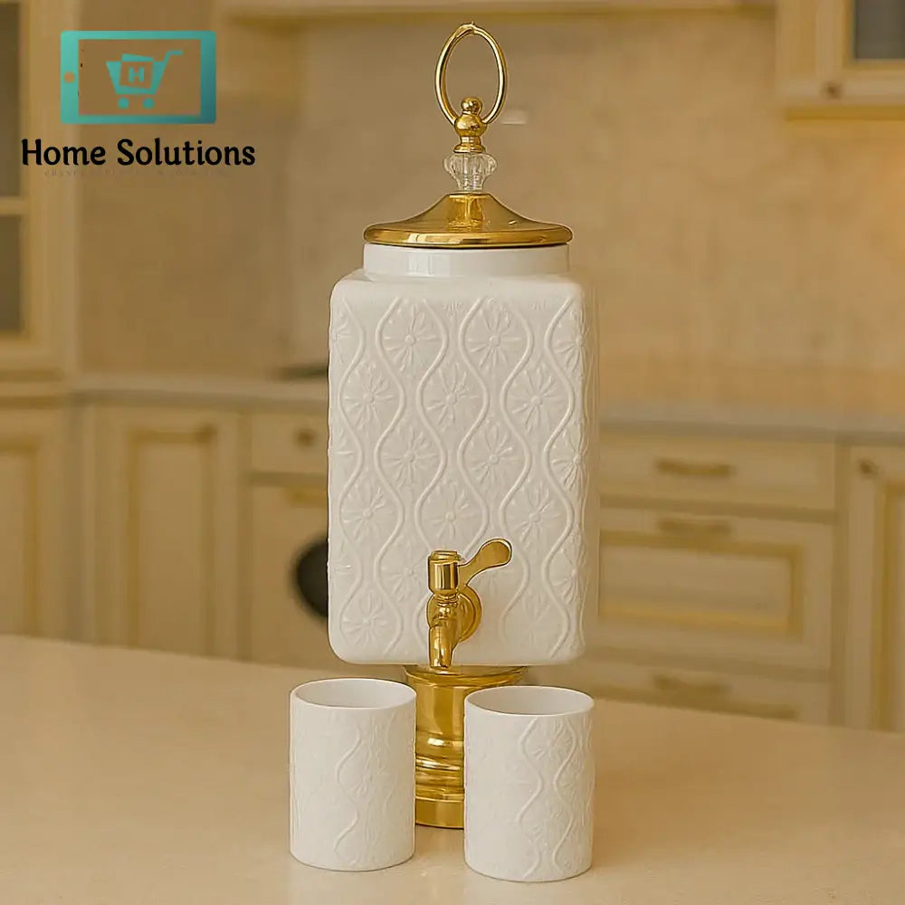 Luxury Embossed Water Dispenser Set with Golden Faucet & 6 Glasses – 3 Ltr 7 PCS 1