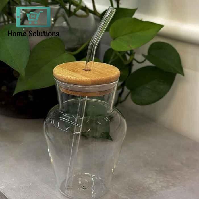 Textured Glass Tumbler | with Bamboo Lid & Glass Straw – 450ml