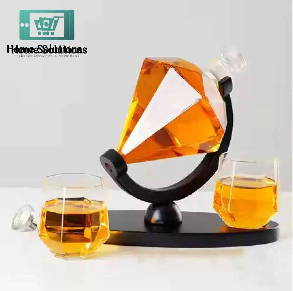 Owetsha Opulence Diamond Shape Whiskey Serving Bottle With Two Glasses And Stylish Wooden Stand