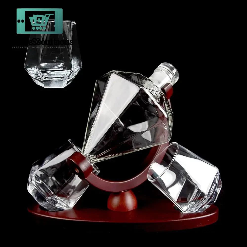 Owetsha Opulence Diamond Shape Whiskey Serving Bottle With Two Glasses And Stylish Wooden Stand