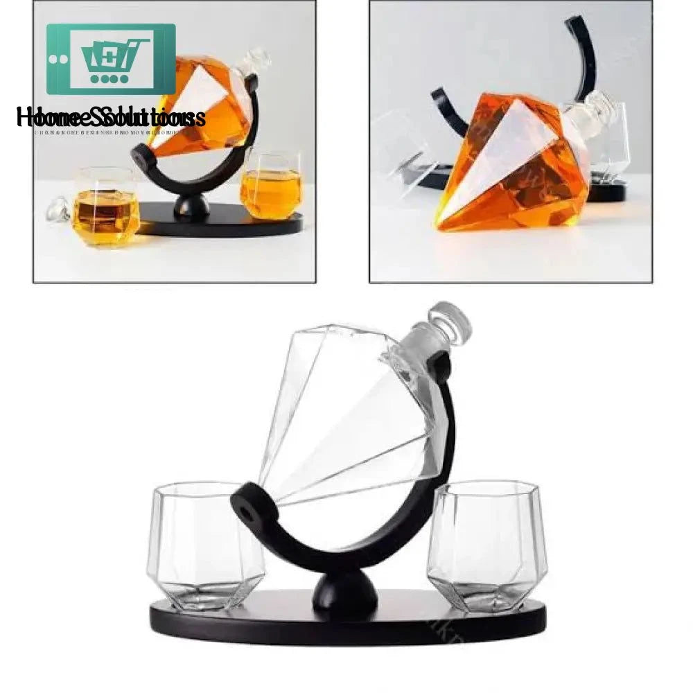 Owetsha Opulence Diamond Shape Whiskey Serving Bottle With Two Glasses And Stylish Wooden Stand