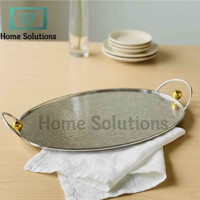 Oval Silver Platter Tray with Gold Bead - Elegant Home Decor