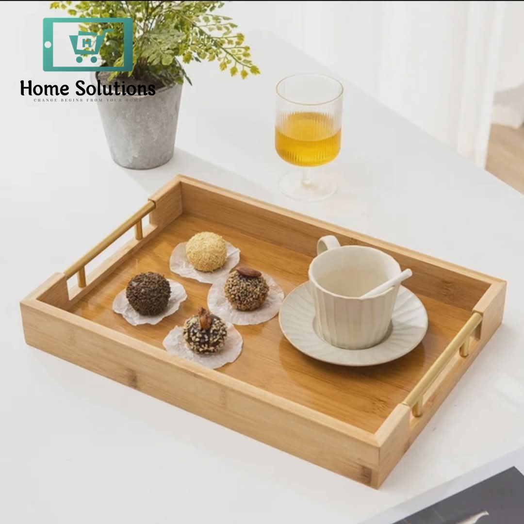 Elegant Bamboo Wood Serving Tray with Luxe Golden Handles