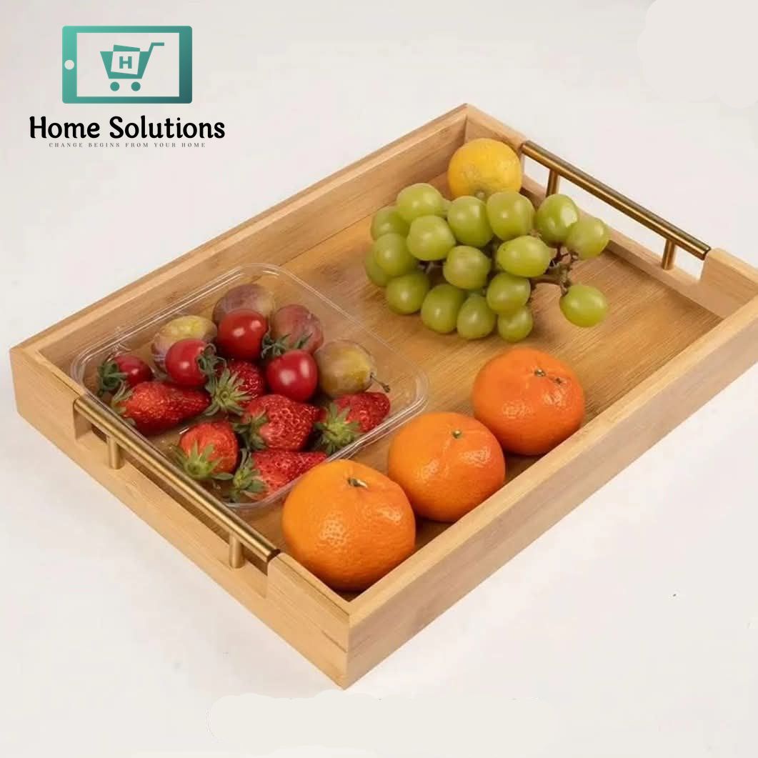 Elegant Bamboo Wood Serving Tray with Luxe Golden Handles