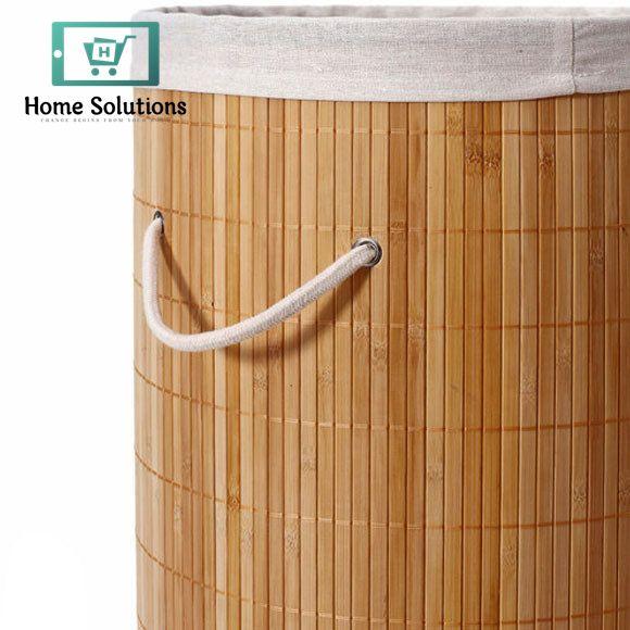 Round Collapsible Laundry Hamper Basket - Helix Design with Bamboo Frame, Foldable Clothes Bin