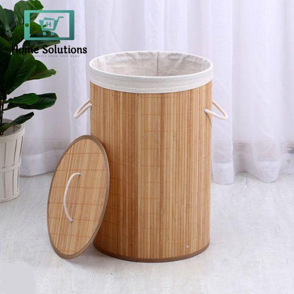 Round Collapsible Laundry Hamper Basket - Helix Design with Bamboo Frame, Foldable Clothes Bin