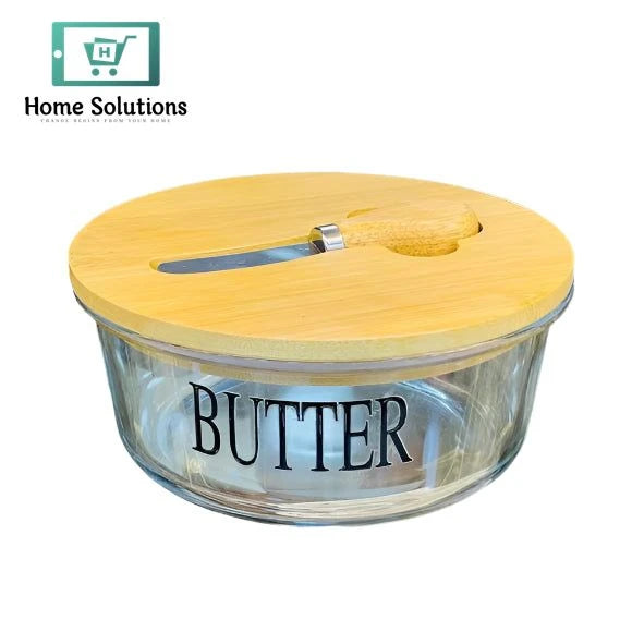 Round Glass Butter Dish with Wooden Lid & Steel Knife – Airtight Storage