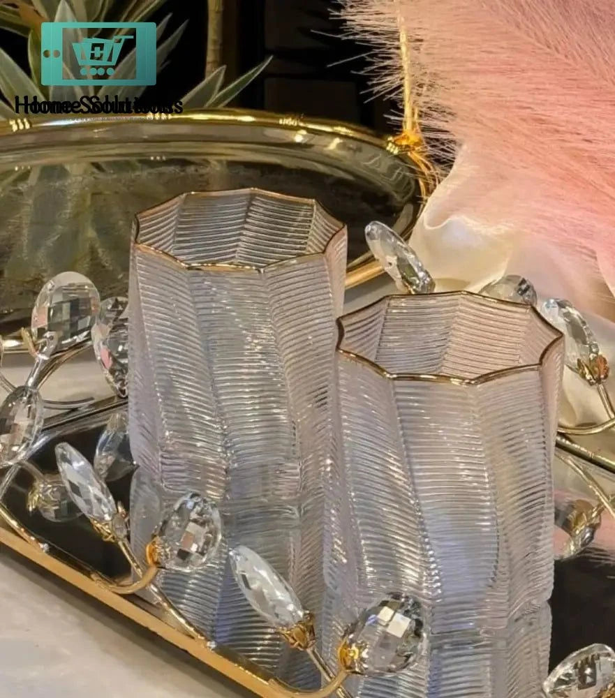 RUSSIAN Gold Rim Ribbed Waved Crystal Glass Set of 6