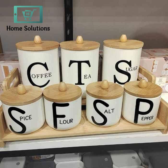 7-Piece Airtight Ceramic Spice Jar Set with Wooden Stand – Elegant Condiment Storage