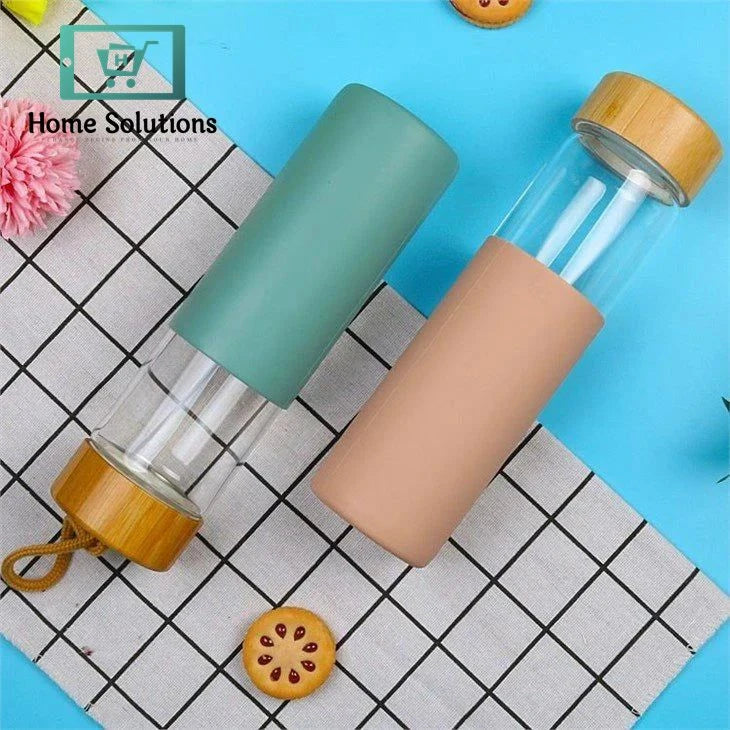 Glass Water Bottle With Wooden Cap & Silicone Cover