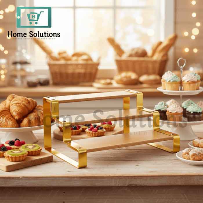 3-Tier Wood & Gold Serving Stand - Pastry & Dessert Display