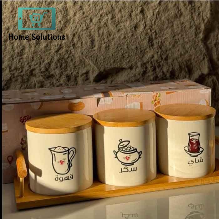 3-Piece Porcelain Airtight Jar Set with Real Bamboo Wood Stand