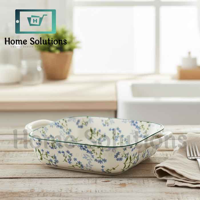 Square Baker 9" Fine Porcelain with Handle - Green & Blue Floral Design