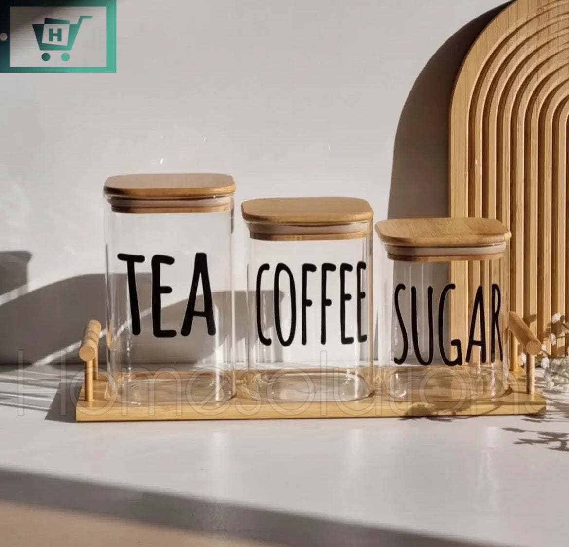 Tea, Coffee & Sugar Airtight Glass Jar Set with Bamboo Stand