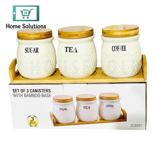 3-Piece Porcelain Airtight Jar Set with Real Bamboo Wood Stand