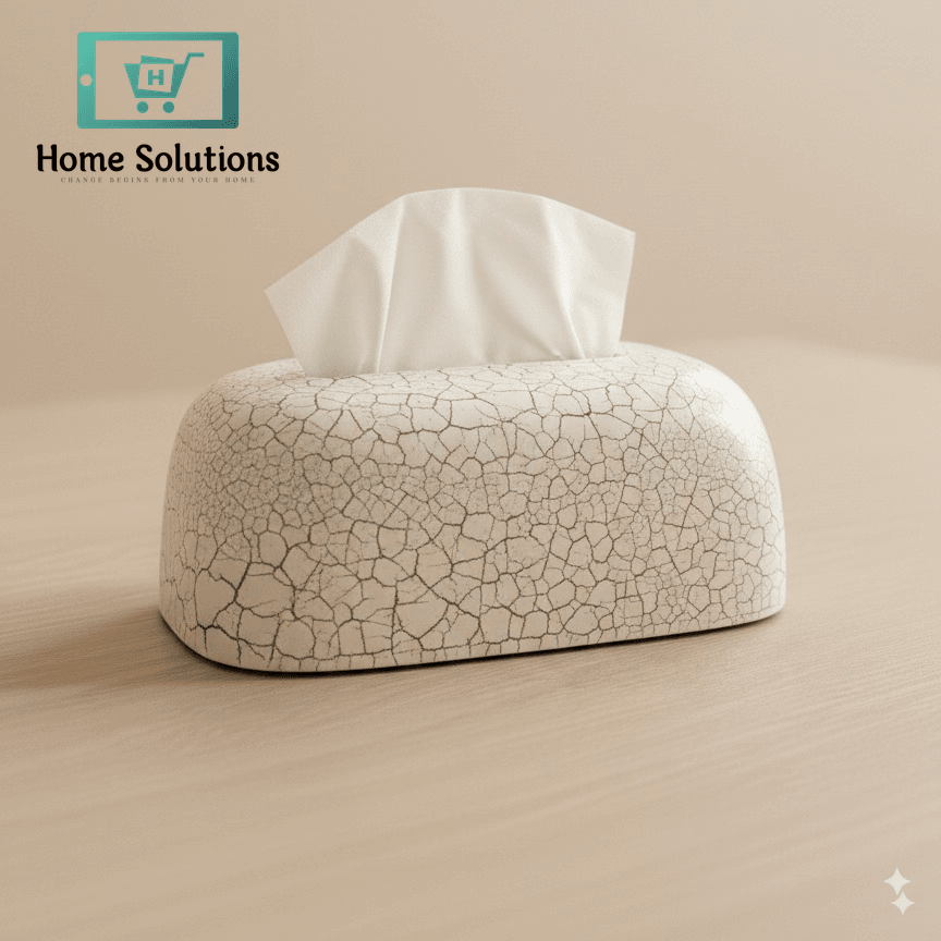 Crackled-texture tissue box cover with tissues on a beige background