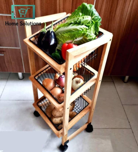 3-Tier Metal Onion Basket with Square Wooden Base – Vertical Vegetable Storage Rack
