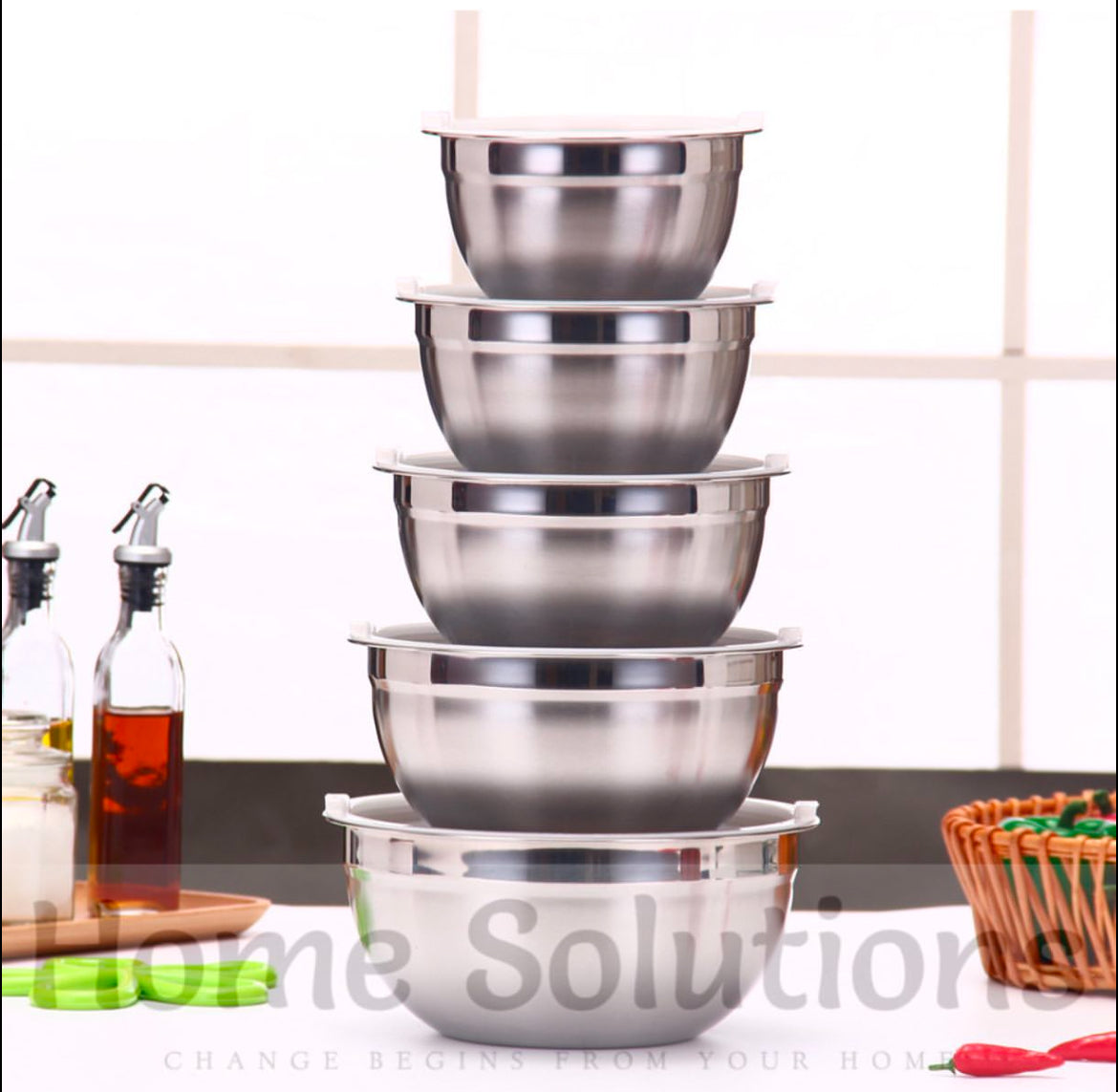 Stainless Steel Mixing Bowl Set with Airtight Lid - 5 Pieces