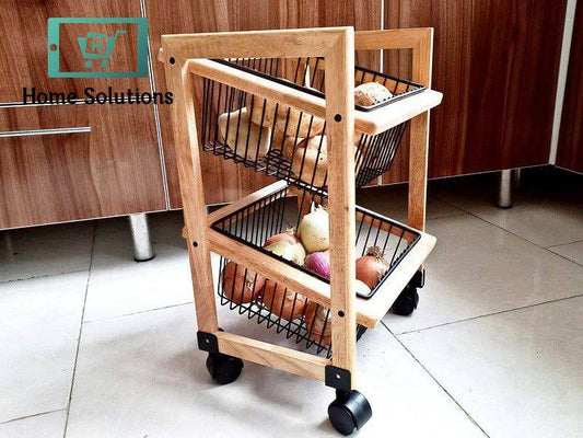 Metal Onion Basket with Square Wooden Base 2-Tier – Compact Vegetable Storage Rack for Kitchen