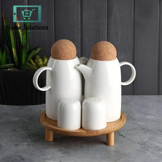 4-Piece Condiment Set with Wooden Stand – Stylish Spice Holder