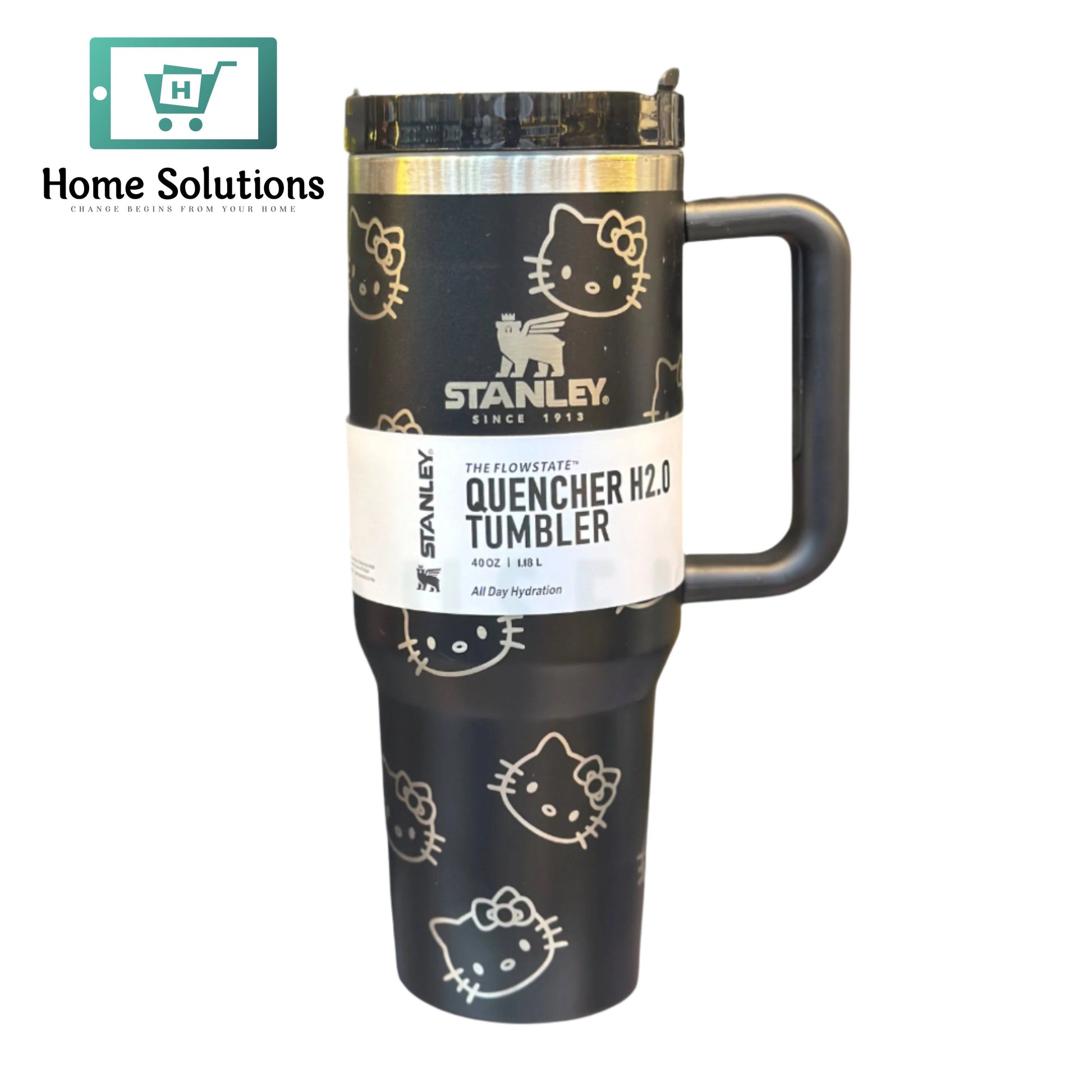 Black Stanley tumbler with Hello Kitty designs on a white background