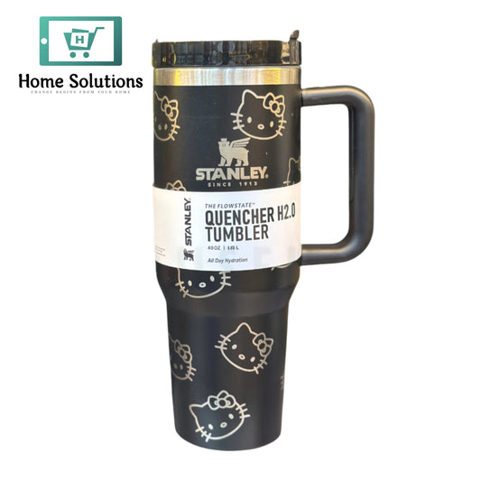 Black Stanley tumbler with Hello Kitty designs on a white background