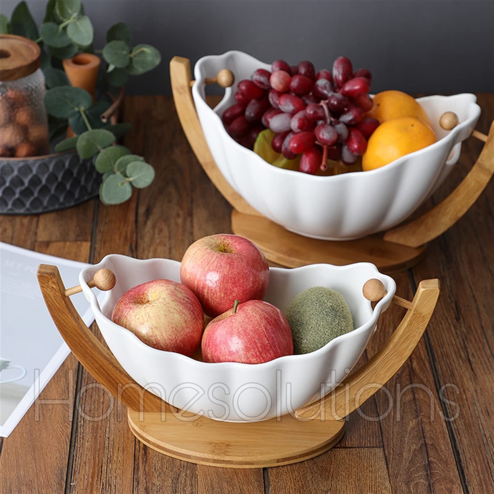 Ceramic Hanging Fruit Bowl With Bamboo Stand