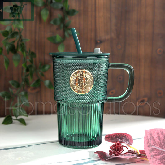 Stylish Green Glass Tumbler with Glass Straw - 430ml