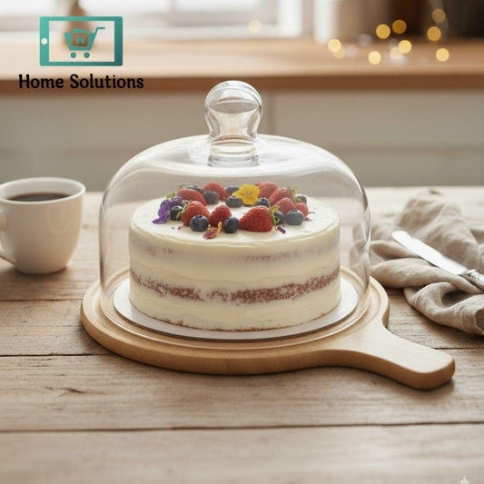 Decorative cake with fruit on a wooden board under a glass dome, set on a table.