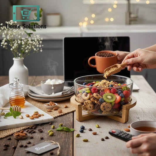 Glass container with assorted snacks on a kitchen counter with a laptop and remote control.
