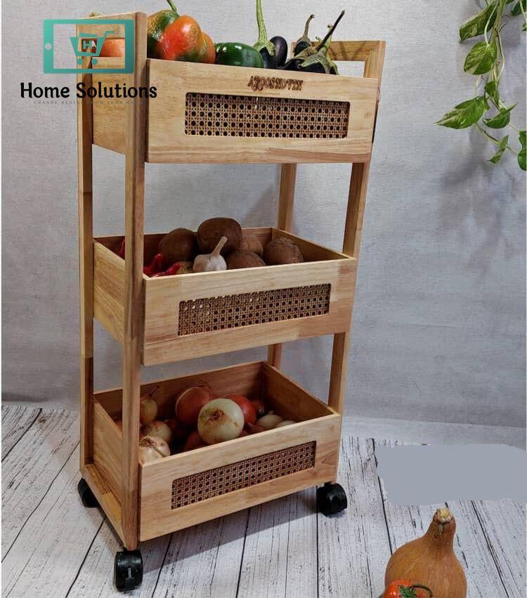 Heavy Full Wooden Rectangular Rack – 3-Tier Solid Wood Shelf for Kitchen, Storage & Home Décor