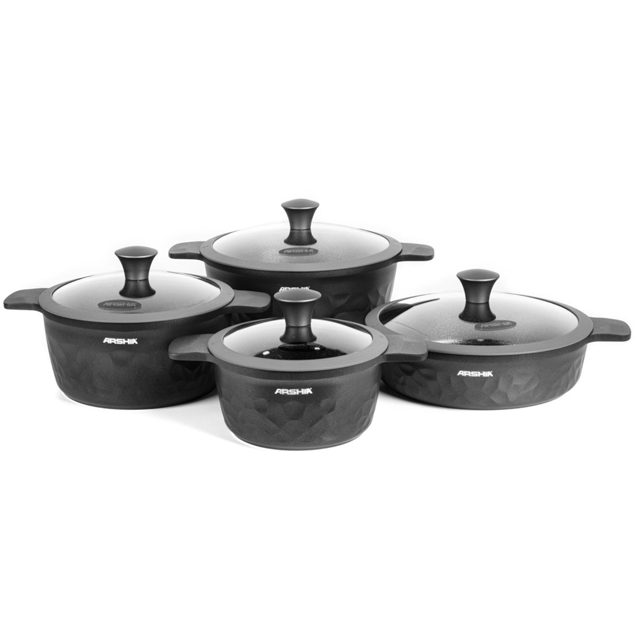 Arshia Premium Die-Casted Aluminium 8pcs Cookware Set Silicon Glass Lid Black