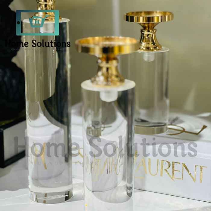 Cylindrical Glass & Gold Pillar Candle Holder Set of 3 - Modern
