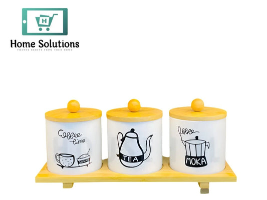 3-Piece Porcelain Airtight Jar Set with Real Bamboo Wood Stand