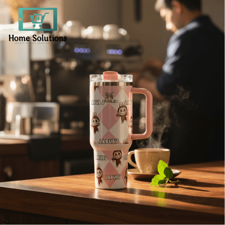 LABUBU Stanley Tumbler 40oz | Pink Checkered Insulated Mug