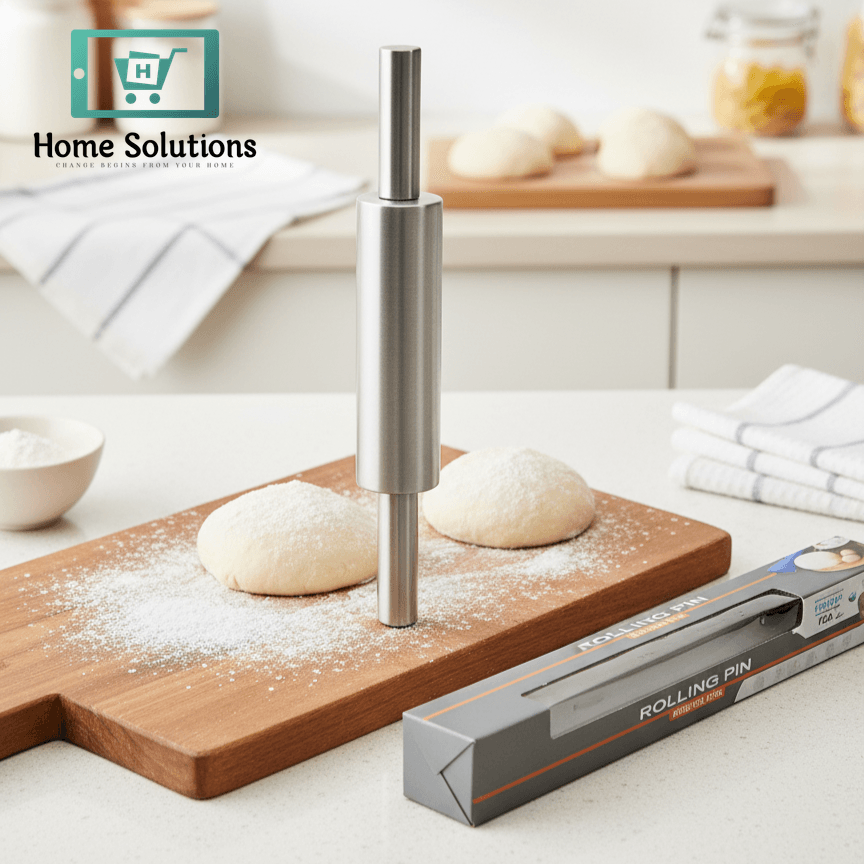 Rolling pin on a wooden board with dough and kitchen items in the background