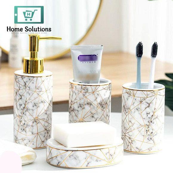 4-Piece Ceramic Bathroom Accessories Set – Marble Design