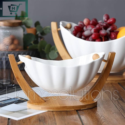 Ceramic Hanging Fruit Bowl With Bamboo Stand