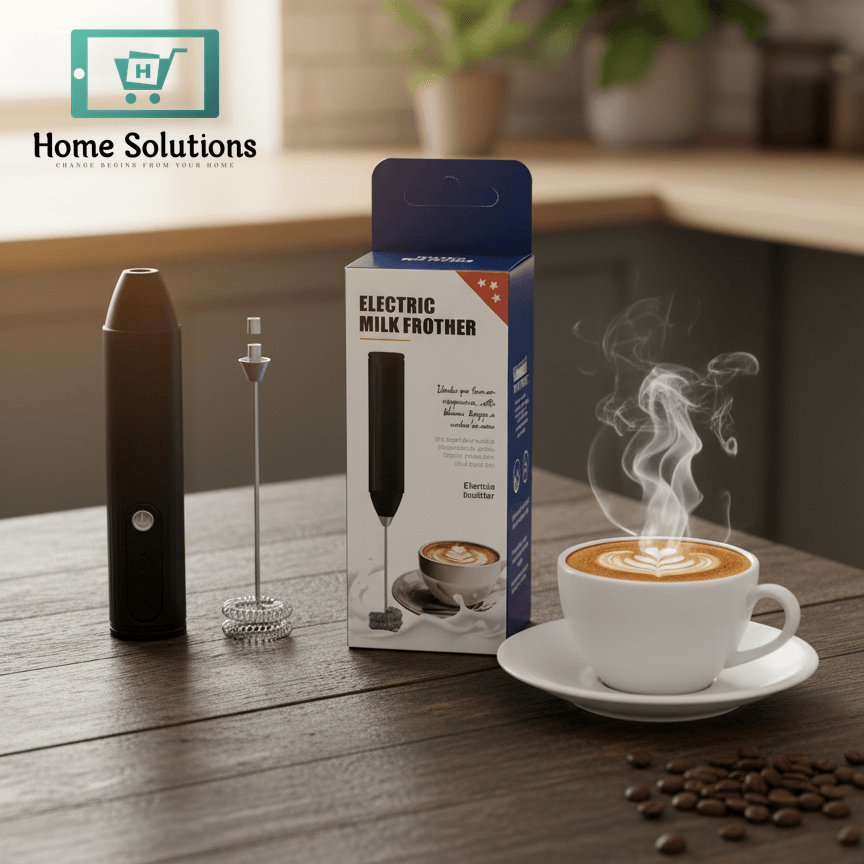 Electric milk frother with packaging and a steaming cup of coffee on a wooden table.