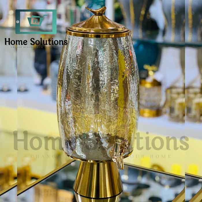 Handmade Turkish Chipped Glass Drink Dispenser with Solid Brass Base & Lid
