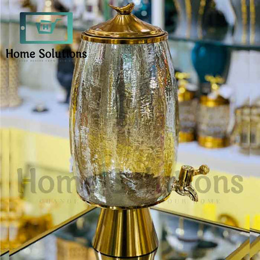 Handmade Turkish Chipped Glass Drink Dispenser with Solid Brass Base & Lid