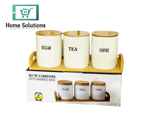 3-Piece Porcelain Airtight Jar Set with Real Bamboo Wood Stand